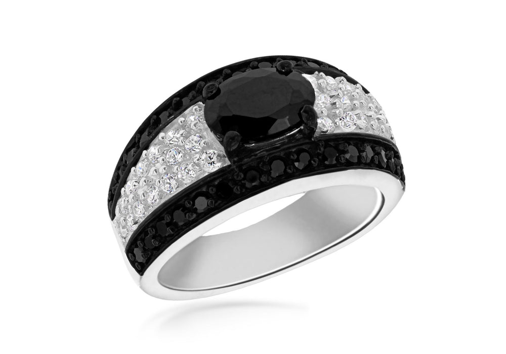 Sterling Silver Black & White Stone Set Oval Band Ring 