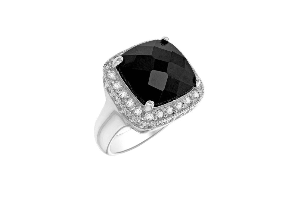 Sterling Silver Black & White Stone Set Faceted Square Ring