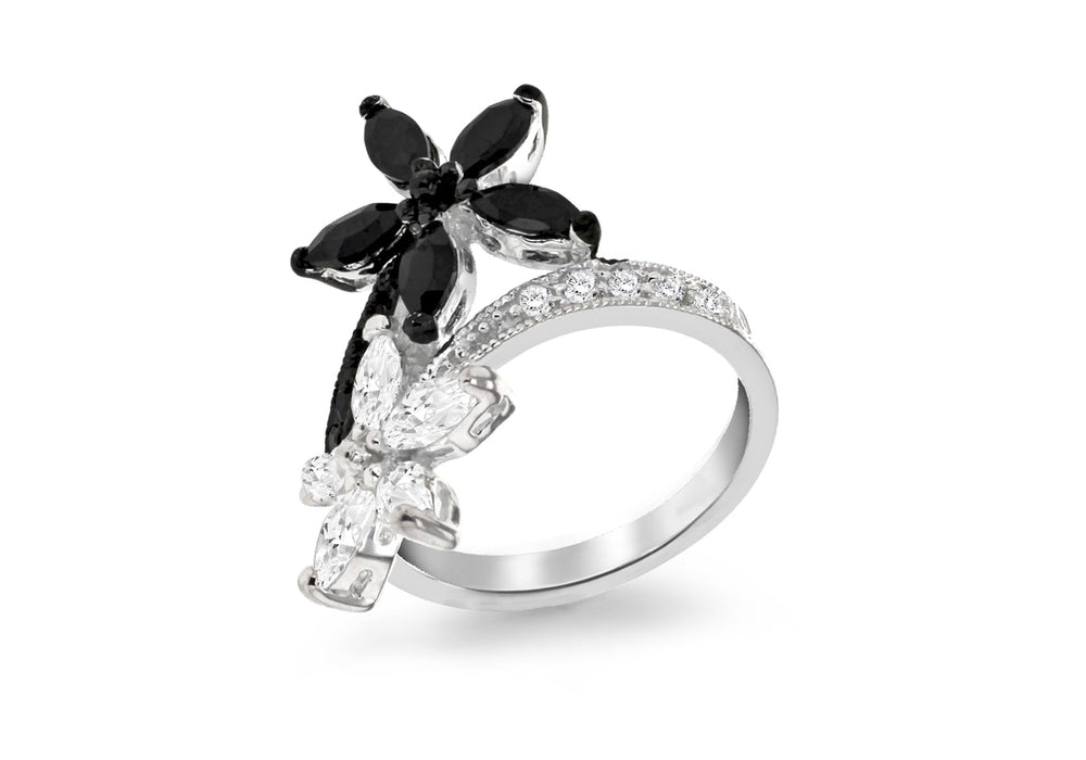 Sterling Silver Black & White Stone Set Double Flower Ring