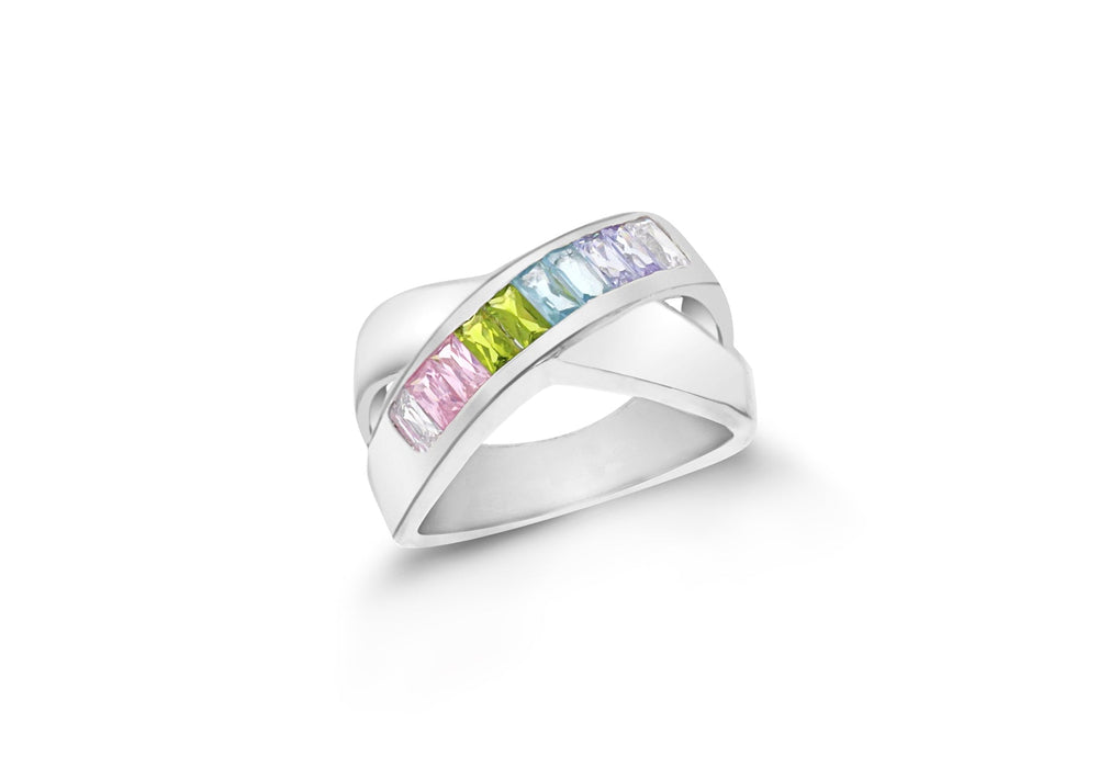 Sterling Silver Multicoloured Zirconia Crossover Ring 