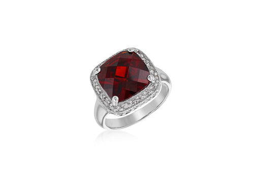 Sterling Silver Red Garnet & White Zirconia Faceted Ring
