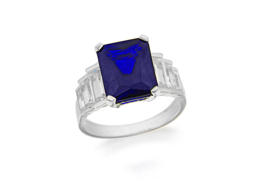 Sterling Silver Rhodium Plated Blue and White Zirconia  Graduated Ring