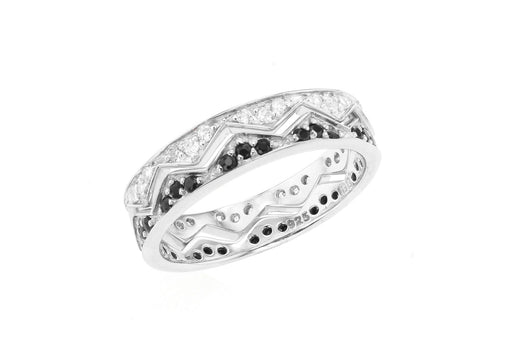 Interlocking Sterling Silver Rhodium Plated Set of Two Black & White Zirconia Zig Zag Rings