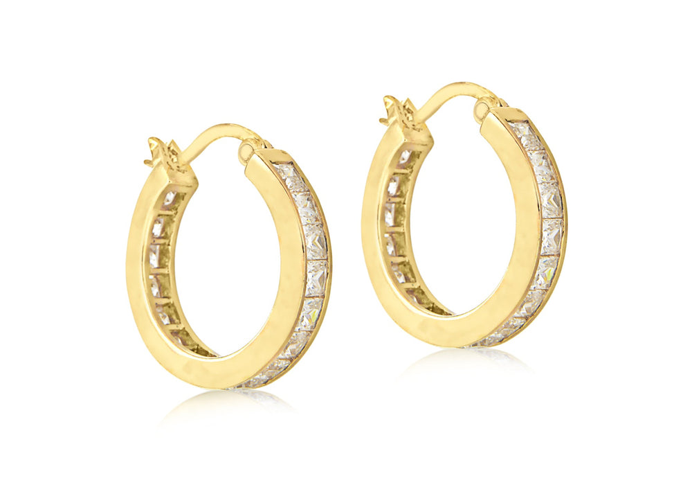 Sterling Silver 1 Miron Gold Plated Zirconia  Hoop Earrings