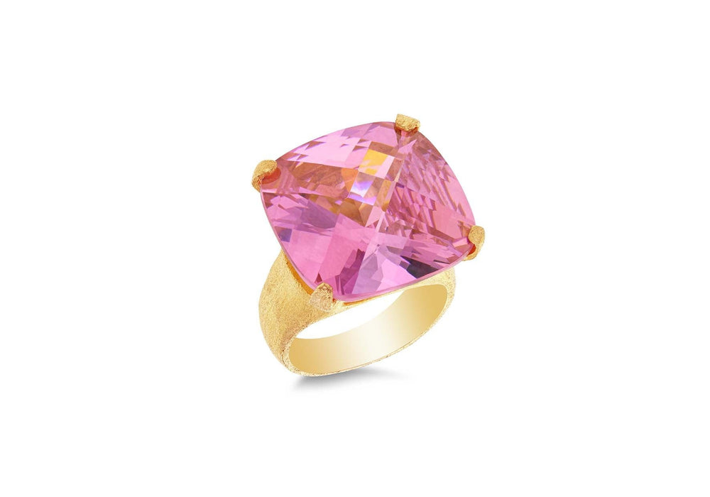 Sterling Silver Gold Plated Large Pink Square CZ Facet Ring 