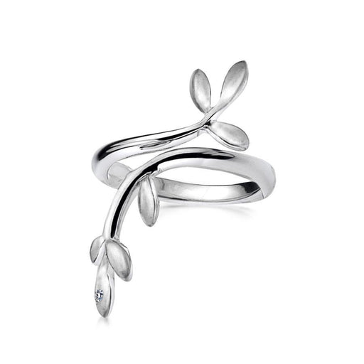 Sterling Silver Leaf Ring, Hand-Set with a Diamond Accent