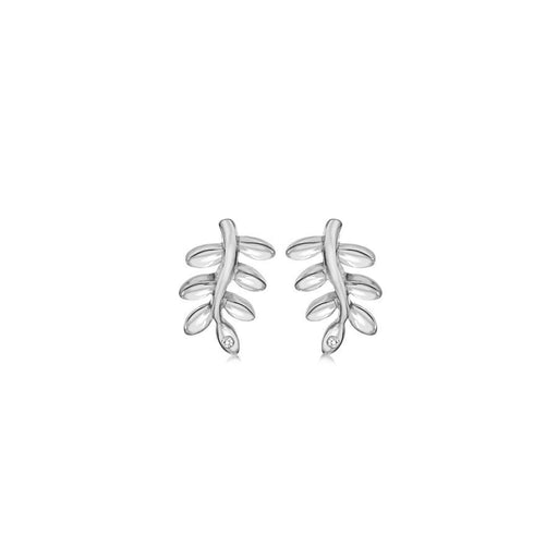 Sterling Silver Leaf Earrings, Hand-Set with Diamond Accents