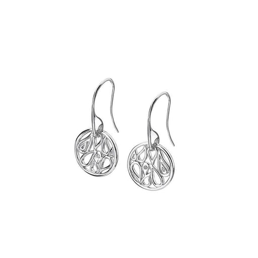 Sterling Silver Circular Patterned Drop Earrings on a Curved Wire Fitting Each Set with a Single Diamond Accent