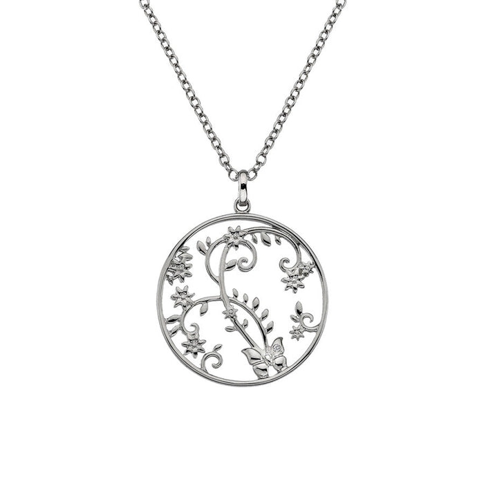 Openwork Floral Butterfly Disc Necklace  Hand-Set With A Diamond Accent